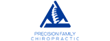 Logo of Precision Family Chiropractic featuring a blue triangular design with a stylized white spine in the center and the business name written below in blue text