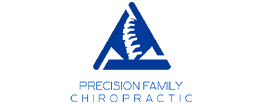 Blue triangular logo featuring a stylized spine in the center, with the text ‘Precision Family Chiropractic’ written below in uppercase letters