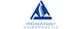 Blue triangular logo featuring a stylized spine in the center, with the text ‘Precision Family Chiropractic’ written below in uppercase letters